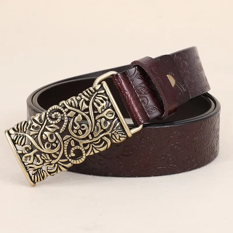 Women's Retro Embossed Hollow Flower Buckle Leather Belt