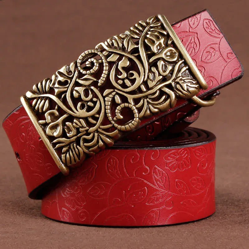 Women's Retro Embossed Hollow Flower Buckle Leather Belt