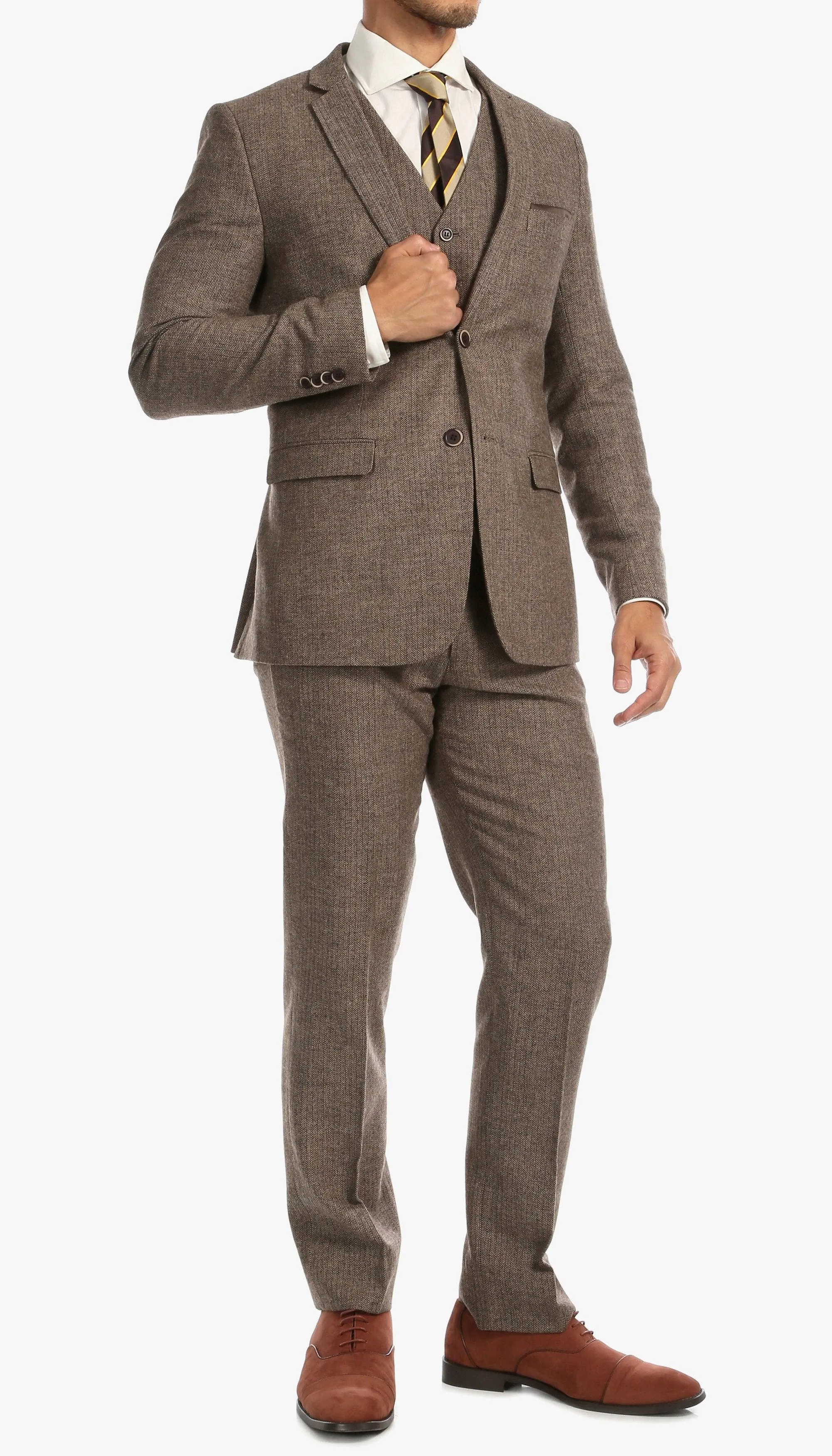 York Brown 3 Piece Herringbone Suit