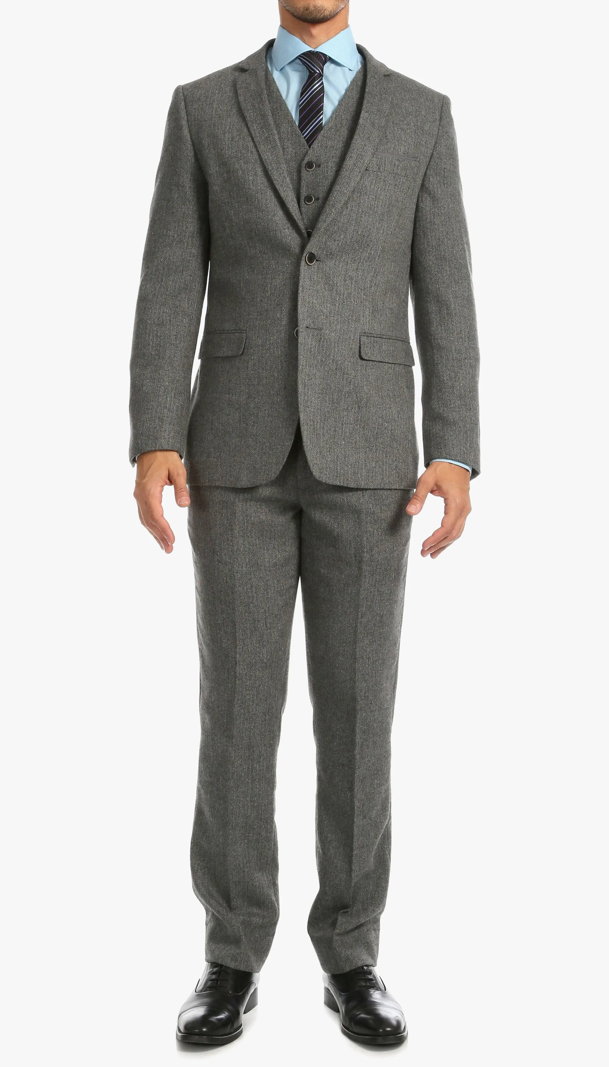 York Grey Slim Fit 3 Piece Herringbone Suit