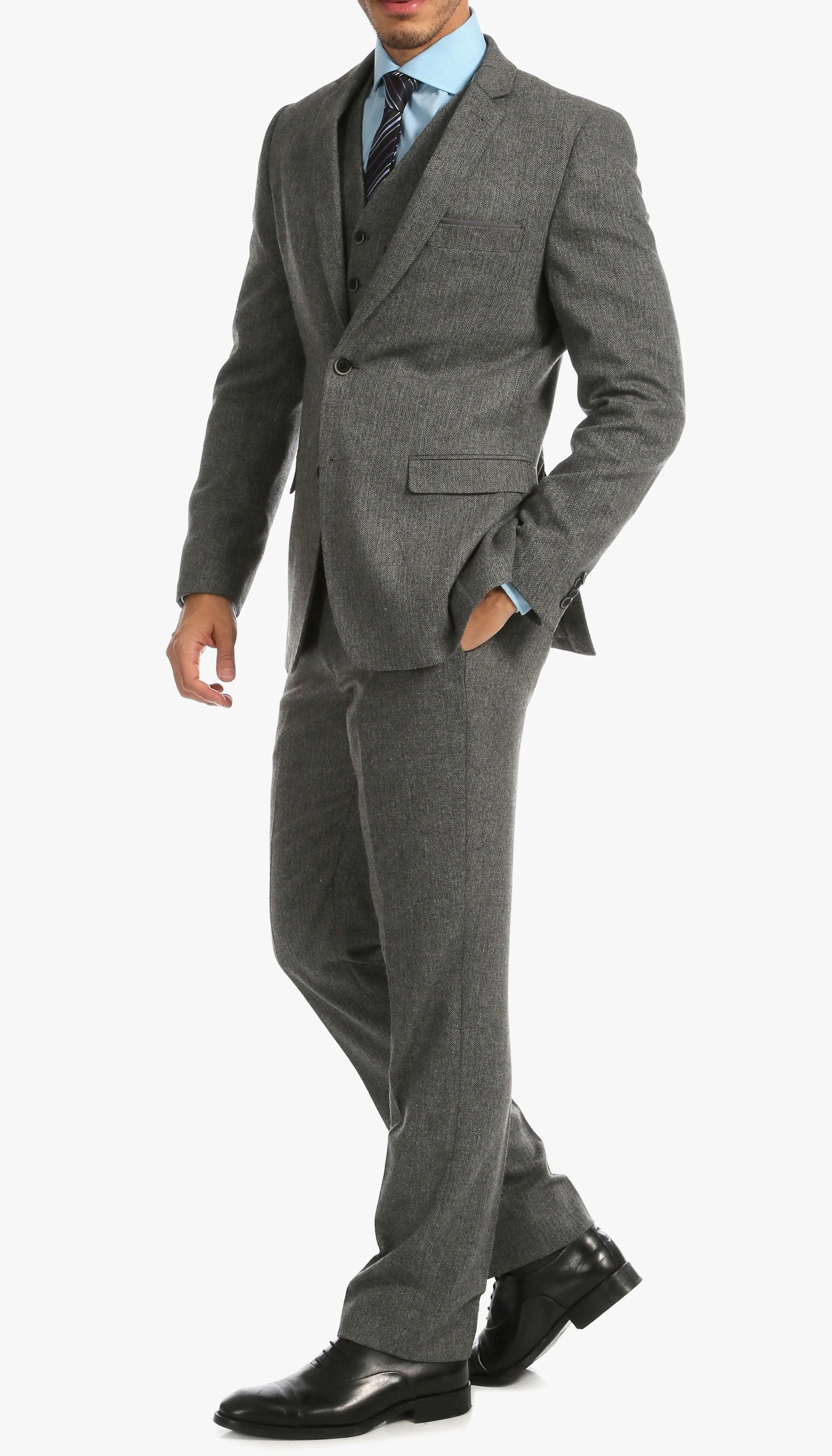 York Grey Slim Fit 3 Piece Herringbone Suit