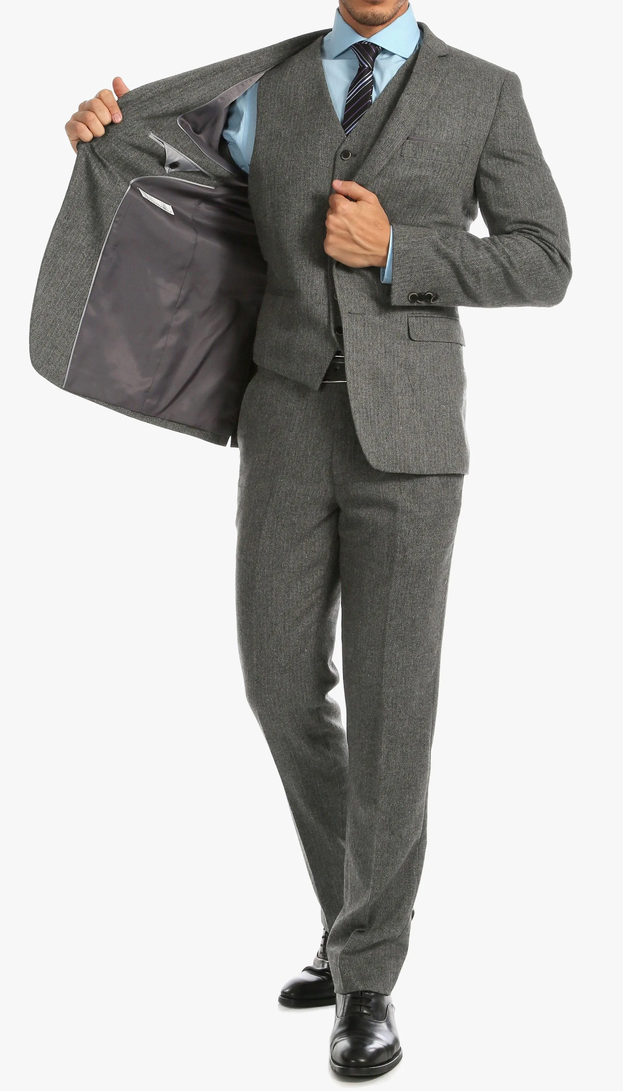 York Grey Slim Fit 3 Piece Herringbone Suit