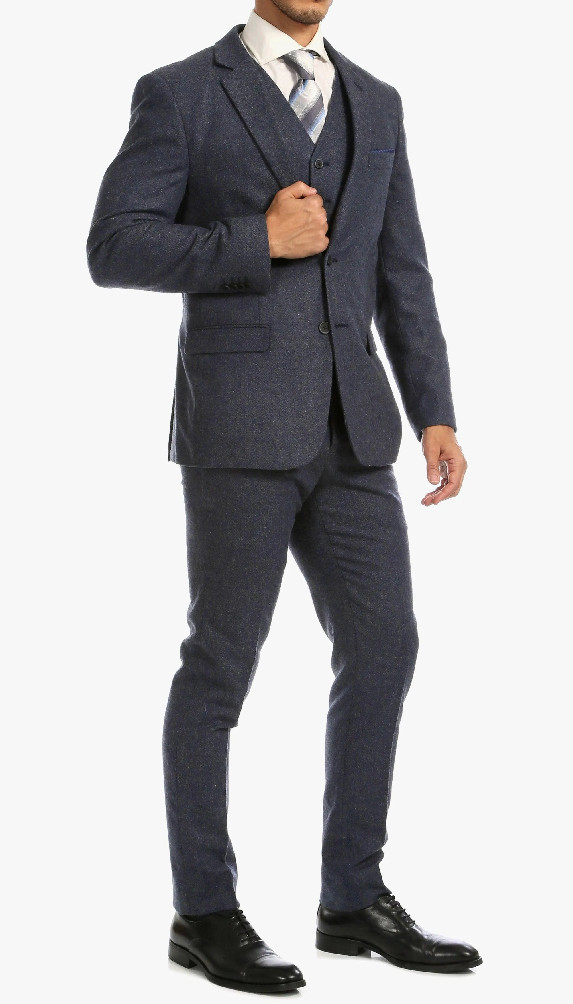 York Navy Slim Fit 3 Piece Herringbone Suit